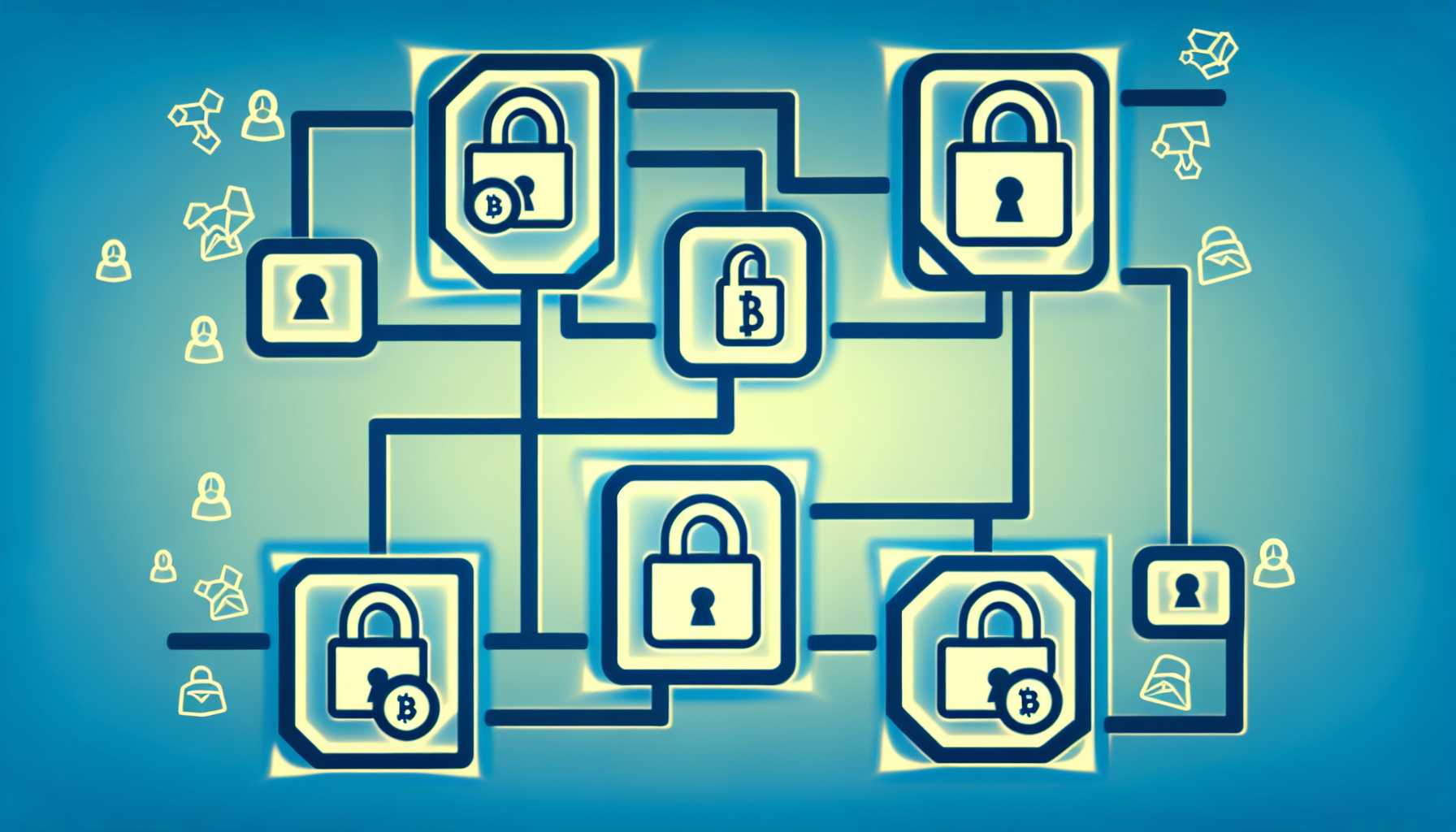 una cadena de bloques digitales conectadas entre sí, con íconos de candados y monedas, para ilustrar visualmente cómo funciona la blockchain como sistema seguro de registro.