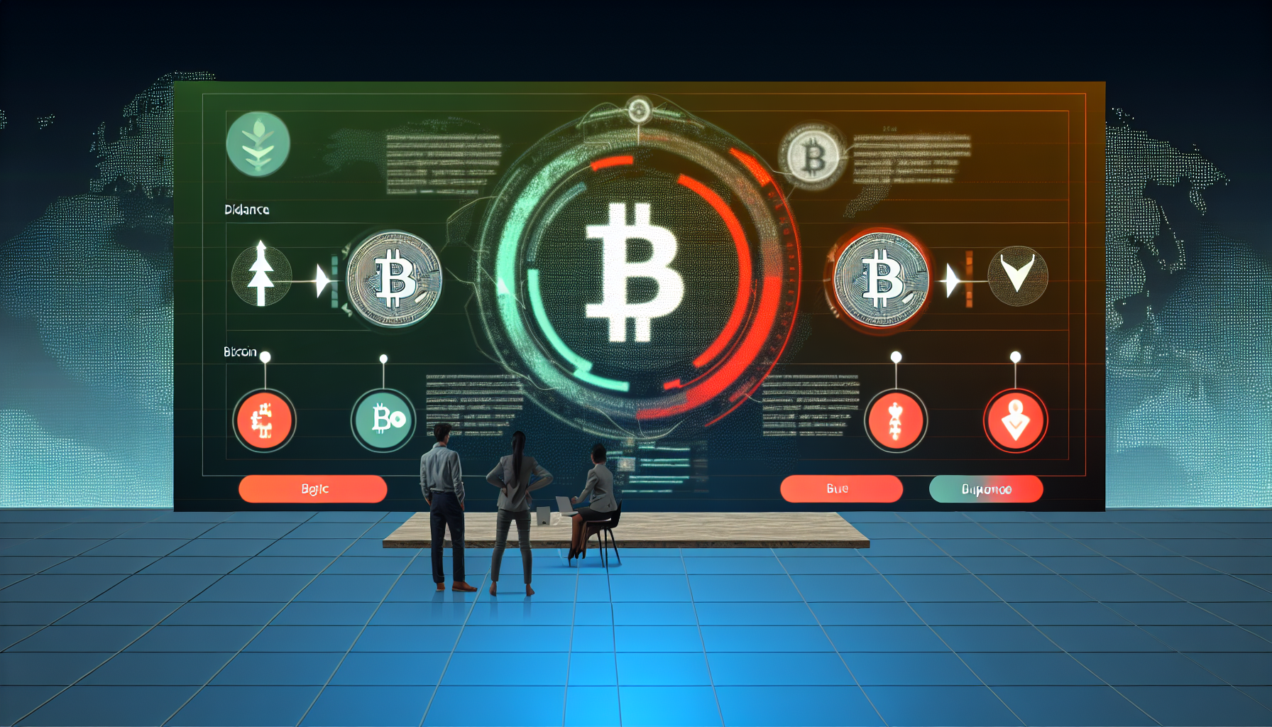 una balanza digital comparando una stablecoin con el dólar y con Bitcoin para ilustrar la diferencia de volatilidad entre estos activos.