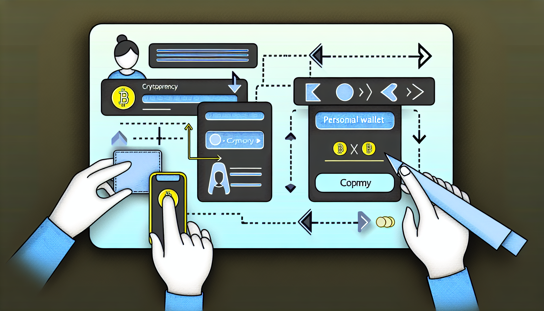 una ilustración mostrando el proceso de transferencia: desde la interfaz de un exchange, copiando la dirección de wallet personal y confirmando la transacción en pantalla.