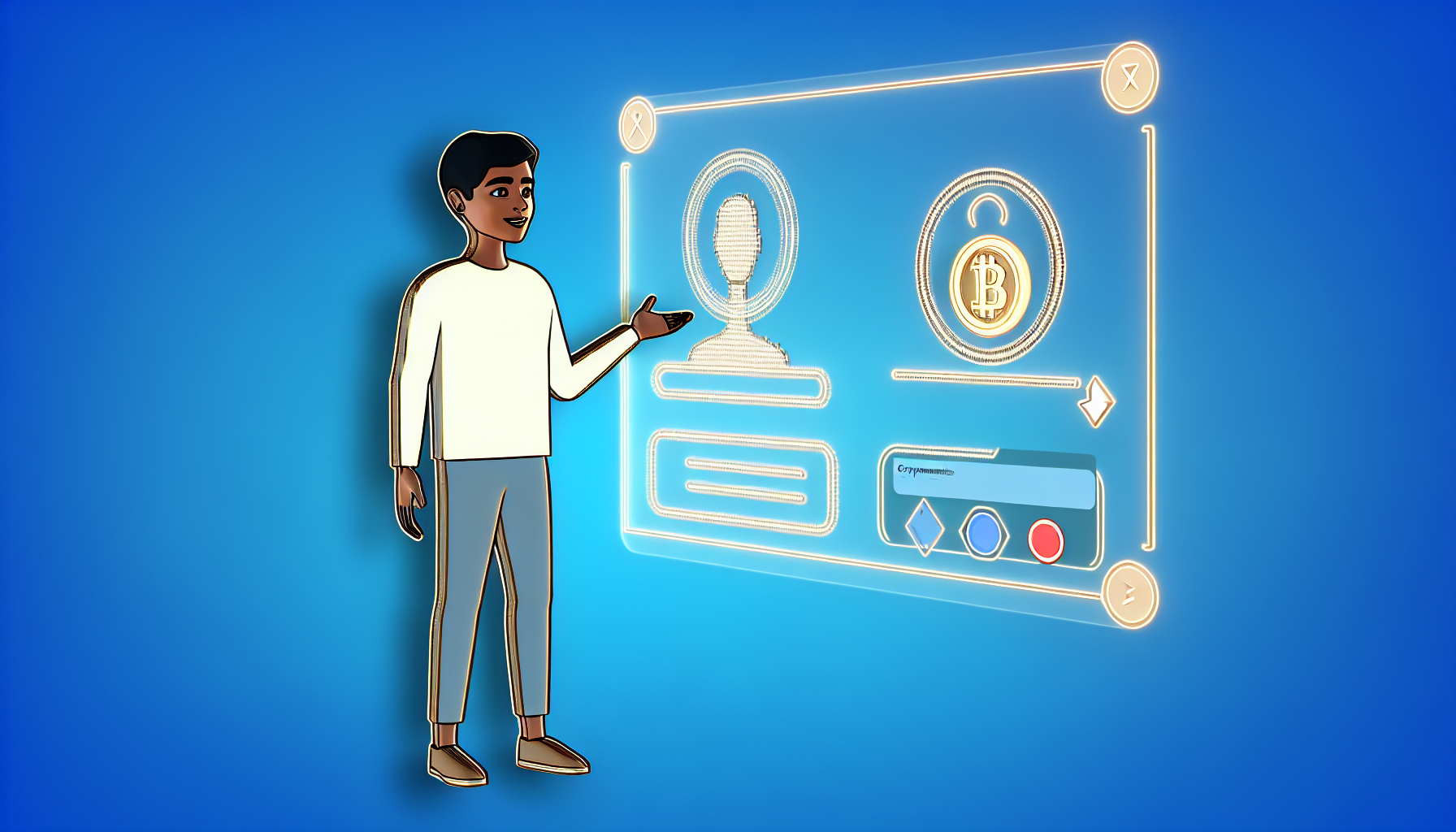 un avatar digital interactuando en un entorno inmersivo de realidad virtual mientras realiza una transacción con criptomonedas.