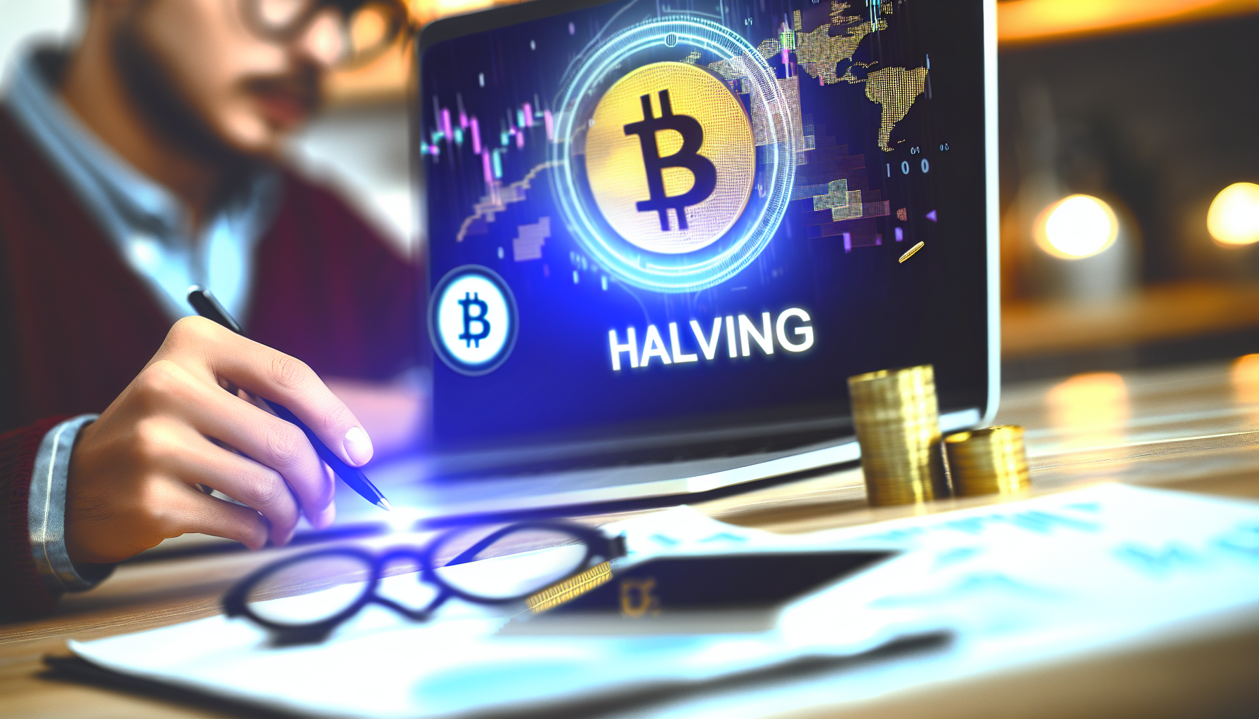 un minero de Bitcoin observando una pantalla en la que se cuenta regresivamente el tiempo para el próximo halving, representando la expectativa global por este evento.