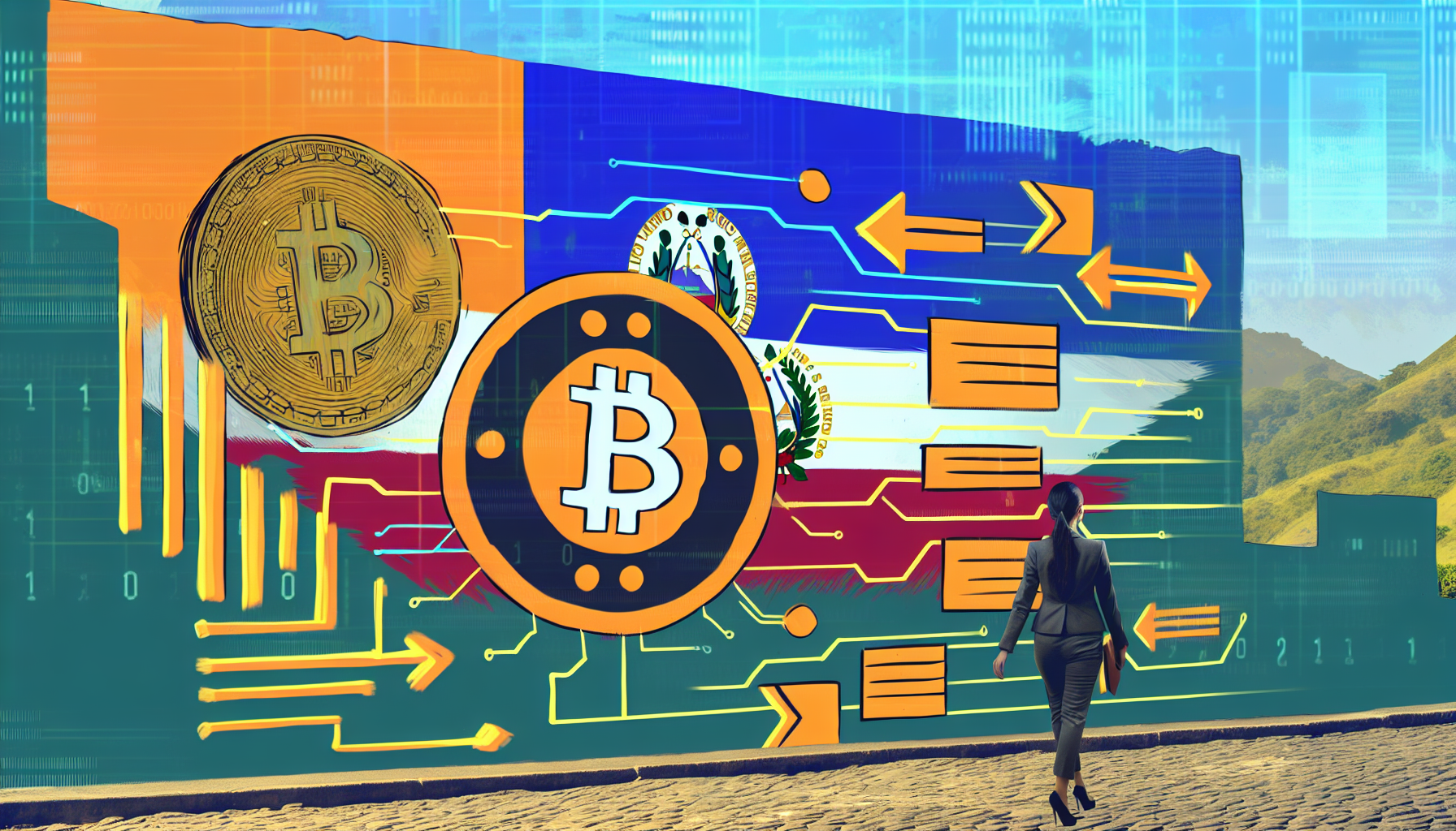 un mural callejero en San Salvador donde aparece el logotipo de Bitcoin junto al escudo nacional, simbolizando la integración del criptoactivo en la economía formal del país.
  